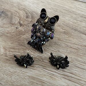 Owl Brooch and Earrings Set
